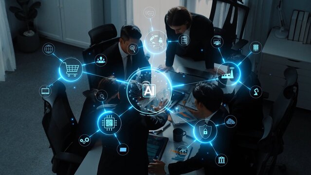 Dynamic office meeting showcasing teamwork with artificial intelligence elements, emphasizing collaboration, strategy, and innovation in a modern workplace environment. Raster - Powered by Adobe