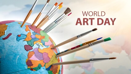 Obraz premium World Art Day Creative Illustration with Colorful Globe and Paint Brushes Concept