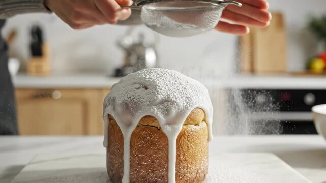 Hands sift powdered sugar over cake in home kitchen. Light-filled space with wooden cabinets and modern appliances. Concept of baking, cooking, home recipes