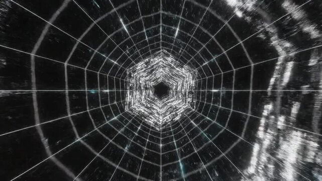 Black and white abstract tunnel with hexagonal rings receding to a dark center, giving sense of depth