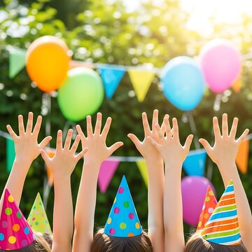 Brightly colored party hats and raised hands highlight a festive children's gathering in a beautiful sunlit outdoor backyard.