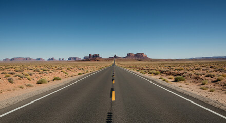 Straight desert highway towards distant mesas