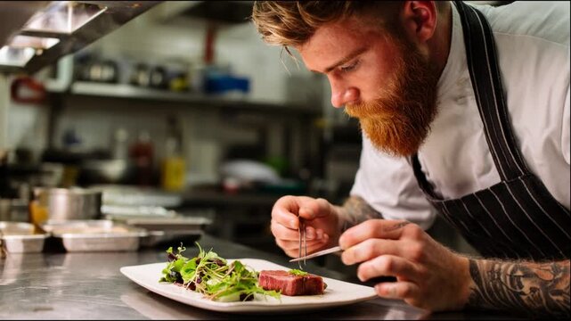 Professional male chef plating a gourmet meal