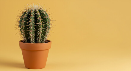 Small potted cactus on minimalist orange background