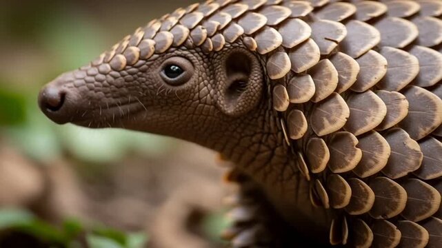Close-up of a pangolins head and scales in its natural habitat, showcasing its unique features and texture.