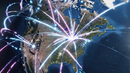 3D animation of Earth with glowing network lines connecting continents. Spinning globe with digital data transfer arcs representing global communication and technology. Futuristic internet concept - Powered by Adobe