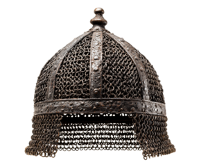 Historical warrior's conical chainmail helmet with a riveted frame and aged patina, showcasing the intricate metal ring mesh and battle-worn texture of ancient armor