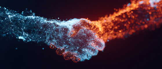 Abstract digital handshake formed by particles, representing partnership, collaboration, trust, and human&ndash;technology connection in the digital era.