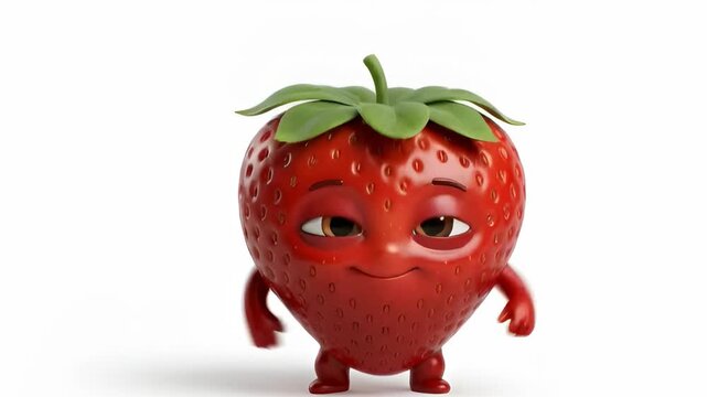 Cute strawberry character dancing gently with a bright smile, 3D cartoon style on white background, perfect for cheerful fruit visuals and playful animations.