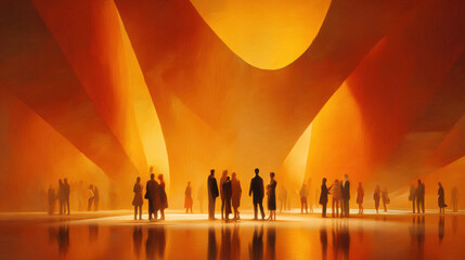 Silhouettes of people gathering inside a glowing abstract architectural space, conveying creativity, culture, and shared human experience.