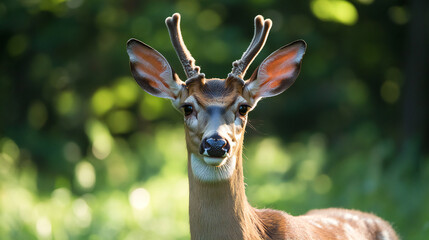 Fototapeta premium Close-up of a young deer with small antlers standing amidst lush greenery in natural daylight
