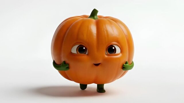 Adorable pumpkin character dancing joyfully with big eyes and a cheerful smile, 3D cartoon style on white background, ideal for fun autumn food visuals.