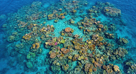 Obraz premium Aerial view of a coral reef in crystal-clear water, where vibrant marine formations create a living mosaic beneath the turquoise surface of the ocean.
