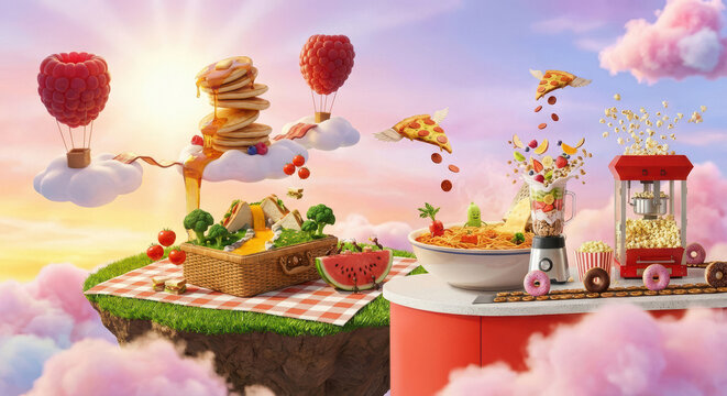 Surreal mashup world combining breakfast, picnic, kitchen and dinner