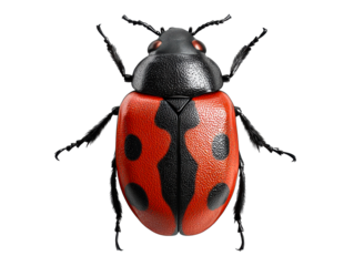 Detailed red and black spotted beetle with a textured carapace is shown in a top-down macro view, highlighting its glossy exoskeleton, compound eyes, and hairy antennae