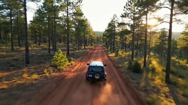 Blue SUV drives down a dirt road through a dense forest