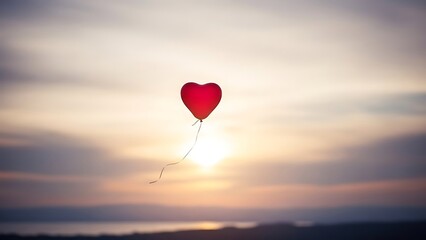 Obraz premium A solitary red heart balloon gracefully floats against the warm embrace of a sunset sky