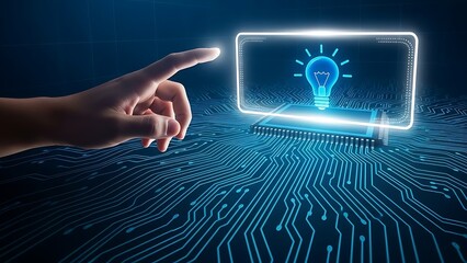 Hand pointing to glowing blue lightbulb on circuit board screen finger