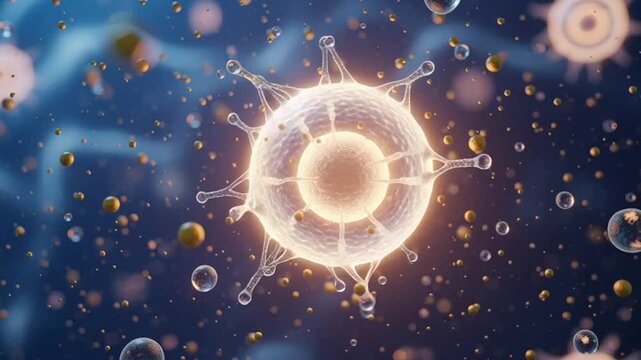Microscopic view of a glowing cell surrounded by smaller particles and bubbles in a fluid, representing cellular biology and scientific research.
