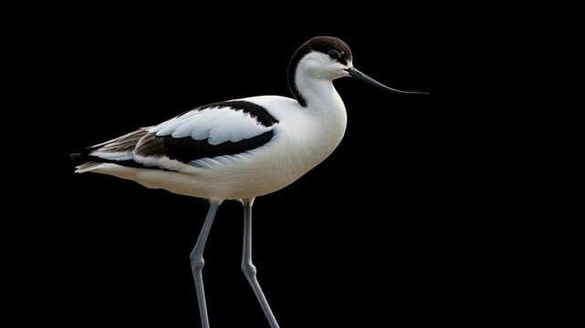Pied Avocet Bird with Long Beak Standing on One Leg Against Black Background.