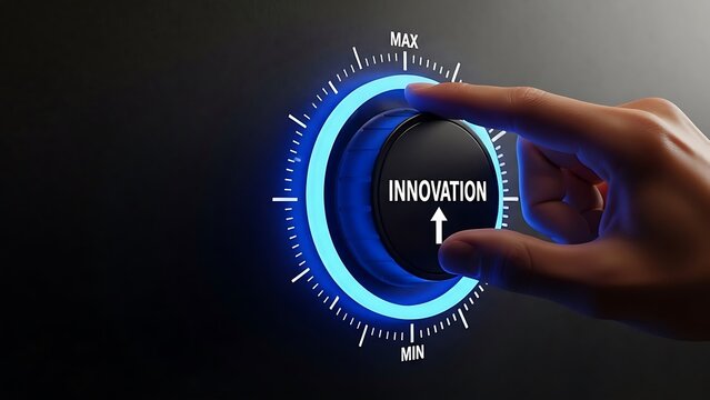 Hand turning blue light innovation dial with finger knob