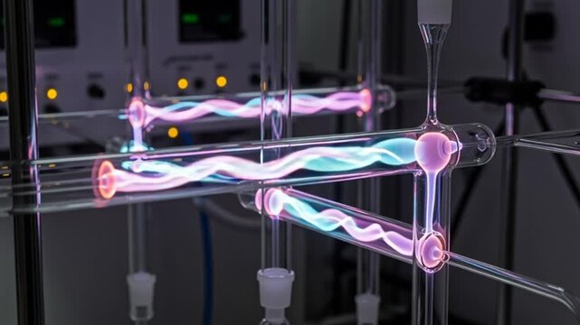 Plasma discharge in glass tubes creating vibrant light patterns in a science laboratory.