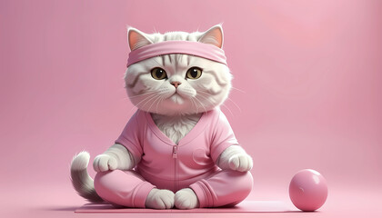 Katze in einem rosa Sportoutfit und Stirnband sitzt im Schneidersitz vor einem rosa Hintergrund - Platz f&uuml;r eigenen Text