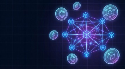Blockchain Network with Cryptocurrency Coins on Digital Grid Background