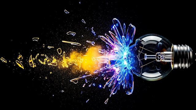 Light bulb explosion with colorful sparks and glass shards on black background - Powered by Adobe