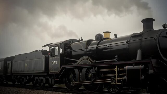 Vintage Steam Train Passes Signal Box on Misty Railway Line.