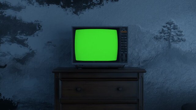 3d Animation of an old television with green screen in front of oil-painted mural