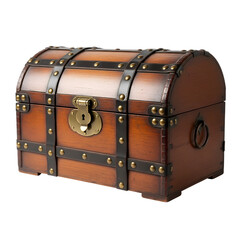 Closed Wooden Treasure Chest Isolated on White Background. Antique Pirate Trunk Box.