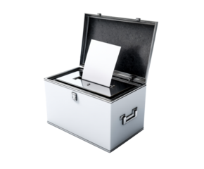 White and chrome metal ballot box with an open lid has a blank voting paper being inserted into the slot, symbolizing a democratic election process and civic duty