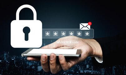 Illustration showcasing password protection through a smartphone with OTP code display, emphasizing cybersecurity and online safety in a modern digital world. Gantry