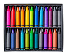 Colorful new wax crayons with paper wrappers are neatly arranged in a full box, showcasing a vibrant rainbow palette of colors from a direct top-down perspective
