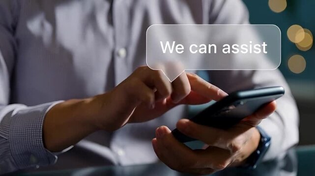A close-up shot of a person's hands holding a smartphone, with the words We can assist appearing on the screen. The scene suggests a modern, technology-driven approach to providing help or support.