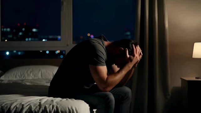 A dejected man sits alone on a bed with his head in his hands, expressing despair and sadness against the night. The city lights outside the window suggests loneliness. 