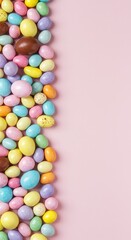 Obraz premium A festive arrangement of colorful pastel candies, chocolate eggs, and sweet jelly beans, perfect for celebrating the joyful spring holiday ,holiday ,festive ,indulgence