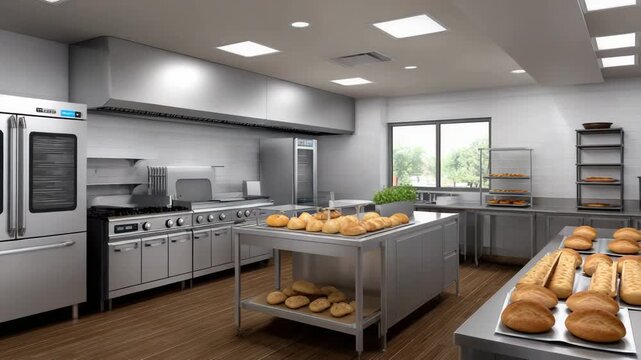 Modern kitchen setup with stainless steel appliances and freshly baked bread on display
