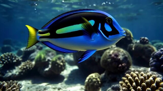 A regal blue tang gracefully glides through a vibrant coral reef, displaying its eye-catching colors and elegance, inviting you to dive into the underwater realm.