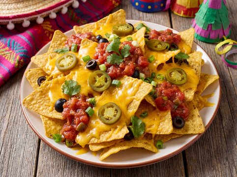 Nachos, mexican food, tortilla chips with melted cheese, salsa, jalapeno, olives, fiesta party appetizer, cinco de mayo, snack, delicious fast food, traditional cuisine, spicy vegetable dish, crunchy.