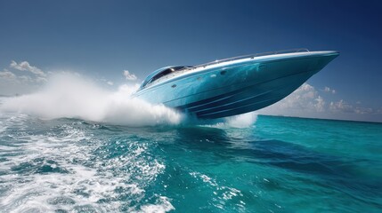 High-speed boat racing across blue ocean with white wake and spray