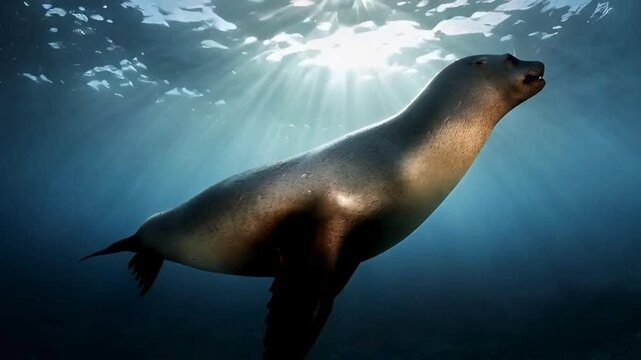 A sleek sea lion gracefully glides through the shimmering depths, its form illuminated by the ethereal sunlight piercing the water's surface, creating a mesmerizing underwater ballet.