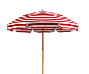 Classic red and white striped beach umbrella with a wooden pole stands open under bright sunlight, showcasing its vibrant, glossy canopy and scalloped edge detail