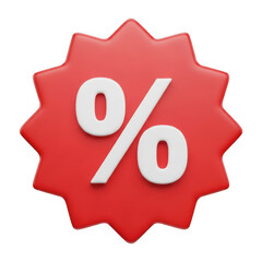 Red starburst discount tag with white percentage symbol isolated on transparent background