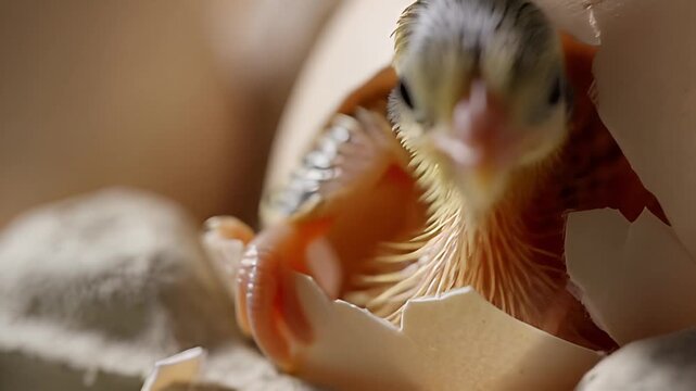 Closeup of a chick hatching from an egg breaking through the shell.