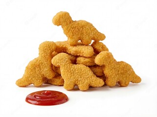 Fototapeta premium dino chicken nuggets pile with ketchup isolated on white background, fried dinosaur shaped crispy meat snack, kids meal, fast food, junk food, tasty lunch, crunchy golden breaded poultry appetizer.