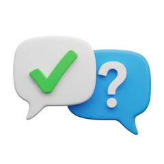 Two speech bubbles one with a checkmark and one with a question mark isolated on transparent background