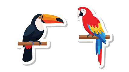 Obraz premium Vector illustration of a toucan and a red macaw parrot perched on wooden branches.