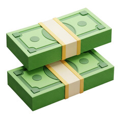 Two stacks of us dollar bills tied with paper bands isolated on transparent background